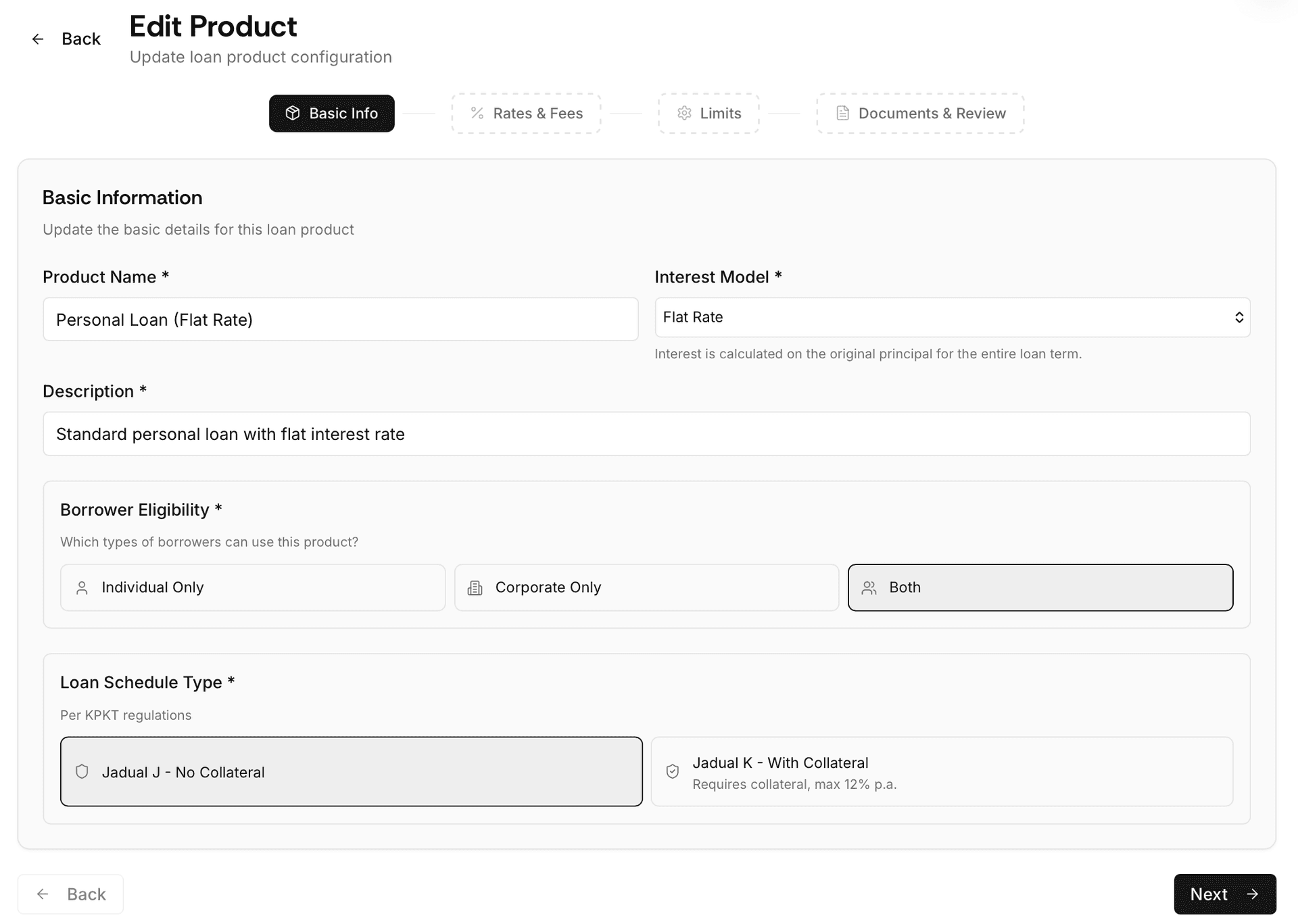 Edit Product — Add or edit loan products (Basic Info, interest model, borrower eligibility, Jadual J/K)